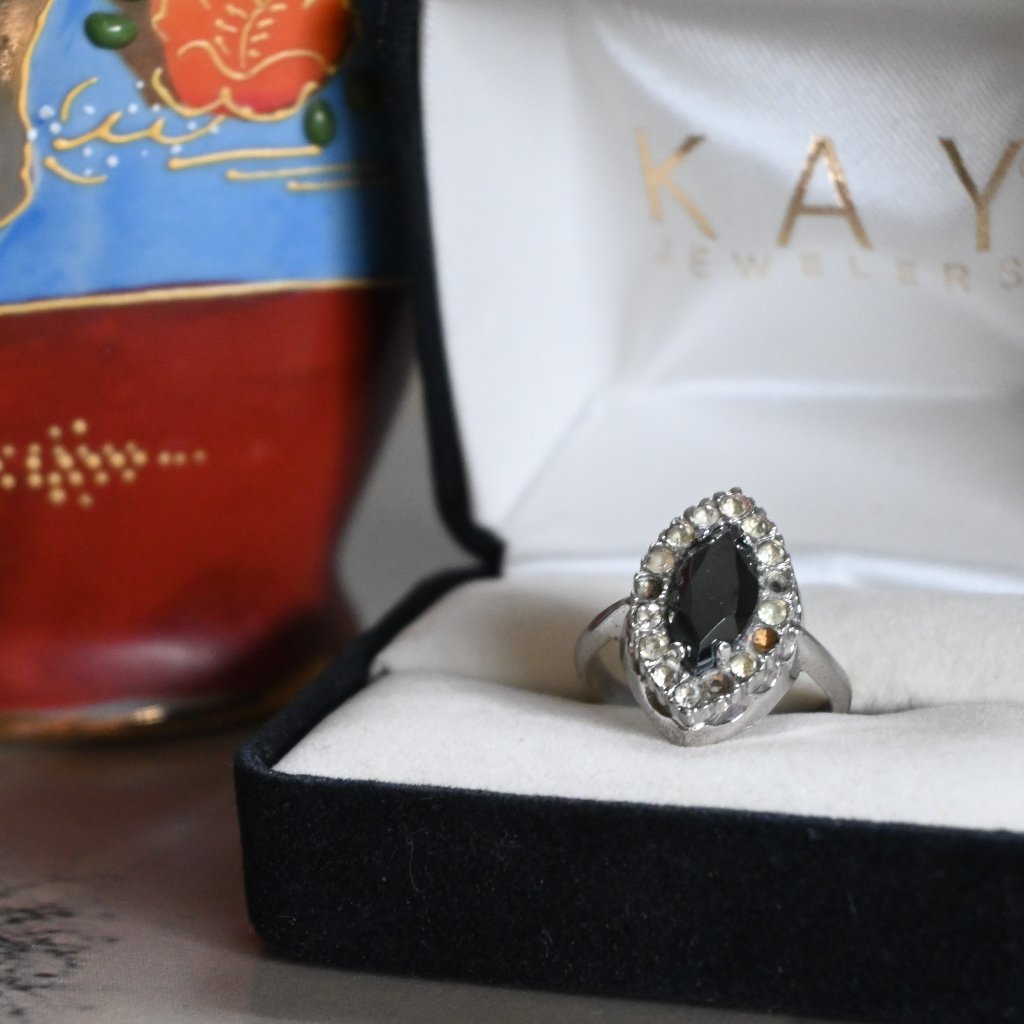 Vtg Sterling Silver Ring W/ Marquise Cut Smoky Stone And Faux Diamonds Size 7.75